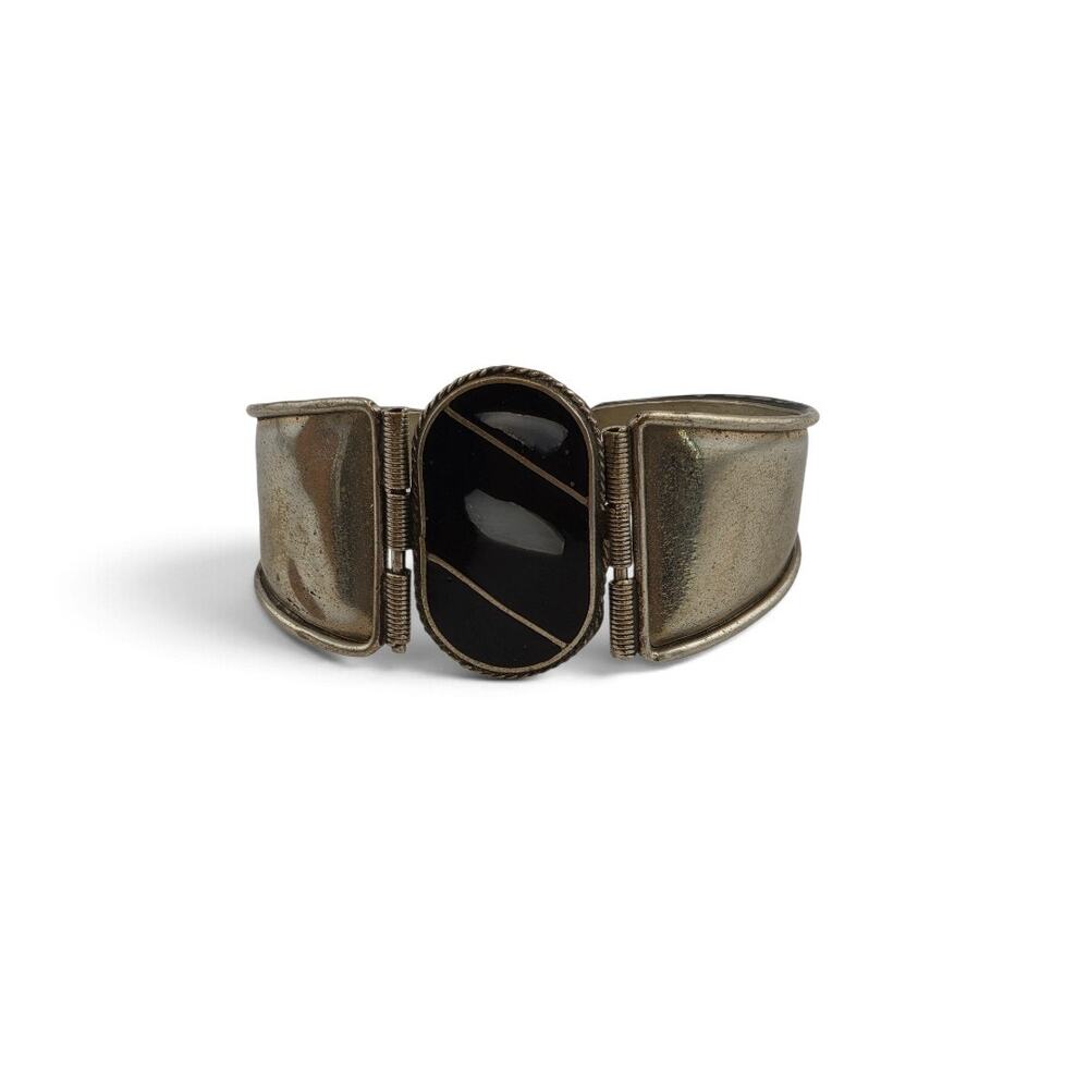 Vintage MCM Black Stone Possibly Onyx Silver Tone Hinged Bracelet 7 Inch